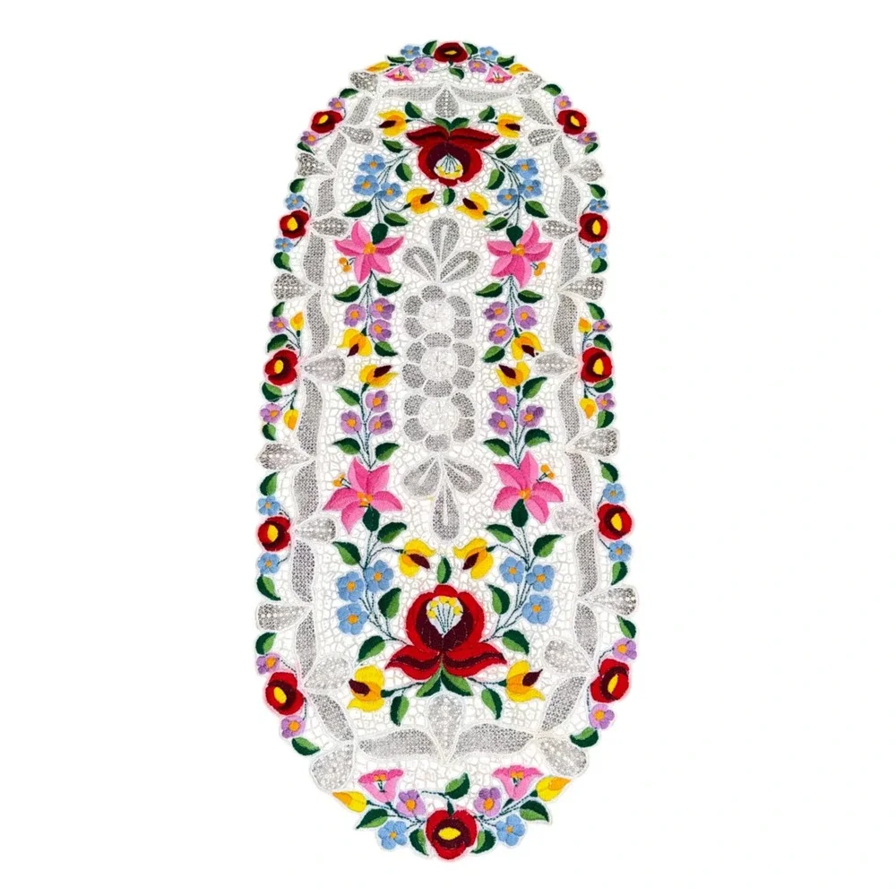Vintage Kalocsa Floral Table Runner Hand Embroidered Hungarian Folk Art Lace
